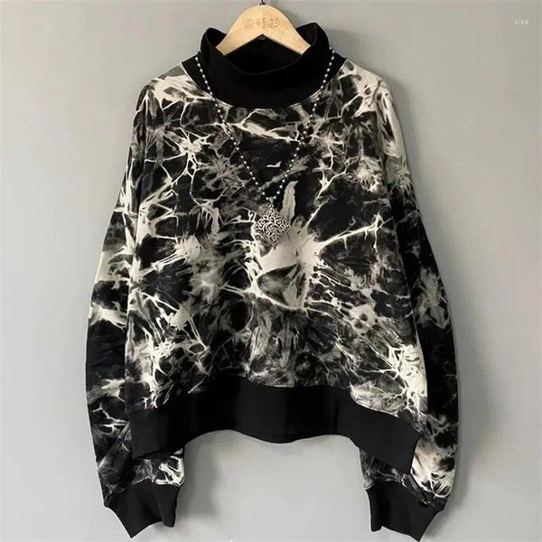 Sweats à capuche pour femmes pur coton tie-dye demi-col roulé sweat-shirt à manches longues pour femmes ample grande taille style décontracté Hong Kong haut court