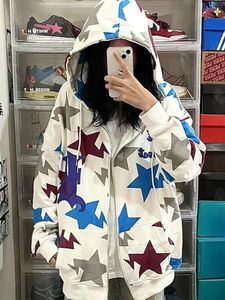 Sudaderas con capucha para mujer QWEEK Harajuku Streetwear Zip Up mujeres estilo coreano Hip Hop estrellas estampado cremallera capucha sudadera 2023 primavera moda Kpop