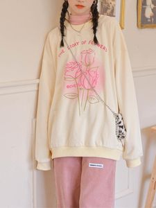 Sudaderas con capucha para mujer QWEEK Moda coreana Sudadera con capucha beige Mujeres Kawaii Lindo Girly Flor Carta Impresión Jersey Sudadera de gran tamaño Dulce Kpop Rosa