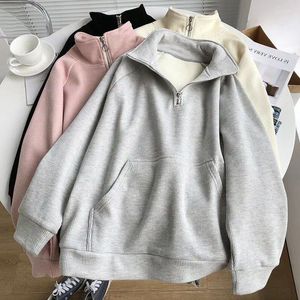 Sweats à capuche pour femmes QWEEK Sweat à capuche en polaire gris chaud Femmes Sweat-shirt de mode coréenne avec fermeture à glissière surdimensionnée Pull à manches longues décontracté Vintage