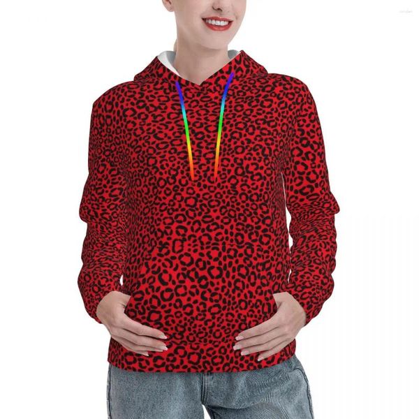 Sudadera con capucha para mujeres rojo y negro leopardo unisex unisex estampado estampado de piñones con capucha sudadera con capucha de invierno sudaderas de diseño retro de invierno
