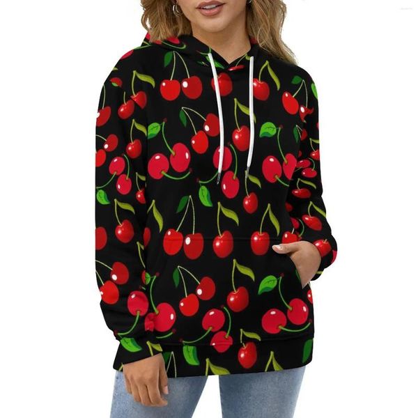 Sweats à capuche pour femmes imprimé cerises rouges à manches longues feuilles vertes sweat à capuche décontracté automne streetwear design surdimensionné sweat-shirts à capuche amples