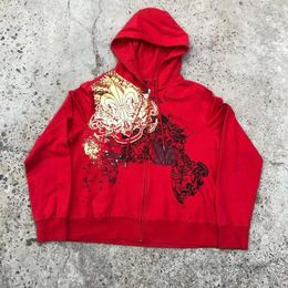 Sweats à capuche féminine RED Retro Retro Imprimé Hip-Hop Street Zipper pour femmes Y2k Intégration Intégrée Goth Sports Sports Occasionnels