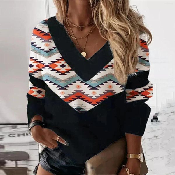 Sudaderas con capucha para mujer Gráfico retro con cuello en V para mujer Jersey geométrico azteca étnico Sudadera holgada de manga larga Ropa con estampado vintage para mujer