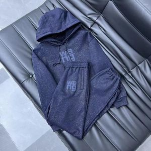 Dameshoodies Rindu Sweaterset | Hemelsblauwe dunne en glinsterende schuimletter bedrukte trainingsbroek met lange mouwen en elastische taille met capuchon