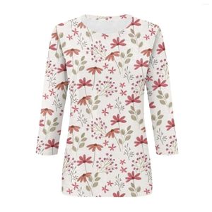 Sweats à capuche pour femmes Round Neck Fashion Imprimé 3/4 Manches à fleurs T-shirt Slim Top Tops Casual Tops pour femmes Y2K
