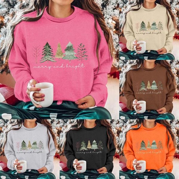 Sudaderas con capucha para mujer, cuello redondo, manga larga, árbol de Navidad, moda para mujer, jersey, camisas, suéter de manga, mono