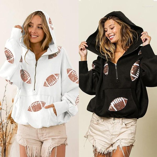 Sweats à capuche pour femmes Rugby Sequin Sweatshirts Femme Zipper Cordon à manches longues Pull Top Veste Lâche Casual Street Femmes Vêtements