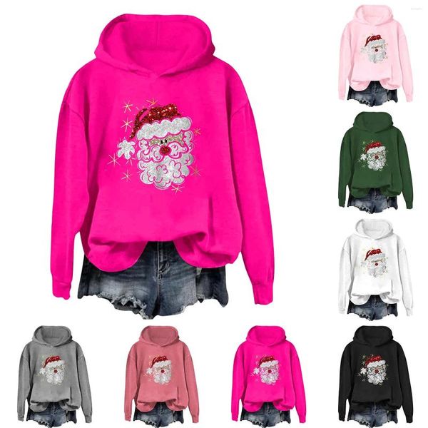 Sweat à capuche pour femmes, imprimé père noël à paillettes, décontracté, ample, col rond, manches longues, sweat-shirt à capuche