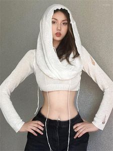 Hoodies voor dames See Through Knit Sexy Solid Pullover Club Outfit For Women Long Sleeve Hooded Crop Top Coquette Black Y2k