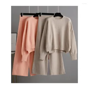 Women's Hoodies Set van twee mode -stuks voor vrouwen Winter Casual vast gebreide pak losse pullover trui brede been broek broek N483