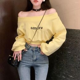 Hoodies voor dames sexy off schouder sweatshirt voor meisjes lente zomer solide elastische crop tops Koreaanse slanke gyaru vrouwelijke korte pullovers