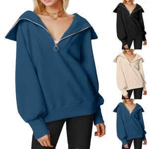 Sweats à capuche pour femmes Sexy col zippé pull à capuche femmes élégantes manches lanterne col en V Streetwear pull sweat coréen haut d'automne