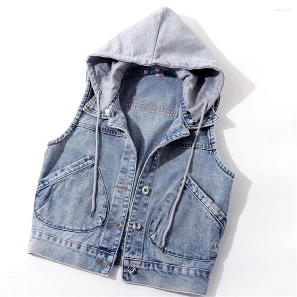 Sweat à capuche pour femme court Denim femmes manteau à capuche amovible printemps poches latérales sans manches vestes en jean femmes hauts pulls automne