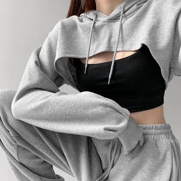 Sweat à capuche pour femmes, Streetwear court, couleur unie, manches longues, décontracté, hauts dames, mode Chic, tout-assorti, sweat-shirt ample