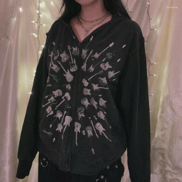 Skater de sudadera con capucha femenina grunge emo 00s sudadera vintage vintage y2k ciber skull estampado con cremallera e-girl gótica gótica goth punk bunk harajuku ropa