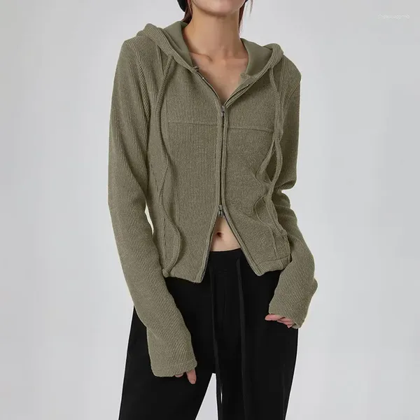 Sweats à capuche pour femmes petit rétro armée vert Double tête fermeture éclair conception coupe ajustée pull à capuche automne/hiver basique polyvalent manteau décontracté