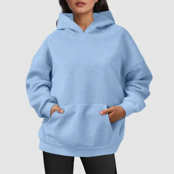 Sudaderas con capucha para mujer, jersey azul liso, sudaderas de gran tamaño para mujer, suéteres cortos de terciopelo, suéter de manga larga con bolsillo Kanga, blusa femenina