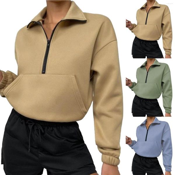 Sweat à capuche pour femmes, couleur unie, demi-fermeture éclair, ample, avec poche, pull, manches longues, trou pour le pouce, tunique