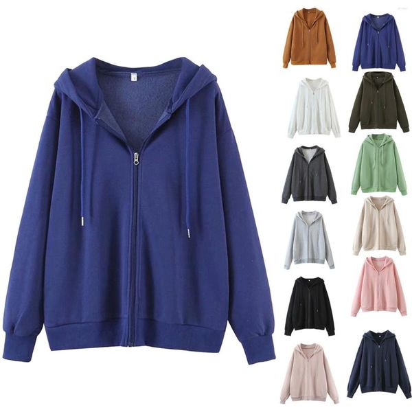 Sweat à capuche pour femmes, couleur unie, ample, fermeture éclair, cordon de serrage, poche, manteau tricoté, tunique zippée