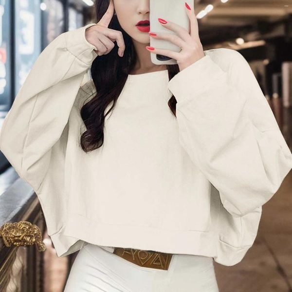 Sweats à capuche pour femmes Solid Crop Tops Harajuku Sweatshirts pour femmes Y2k Esthétique Oversize Crew Neck Pulls Outdoor White Vantage Sudaderas