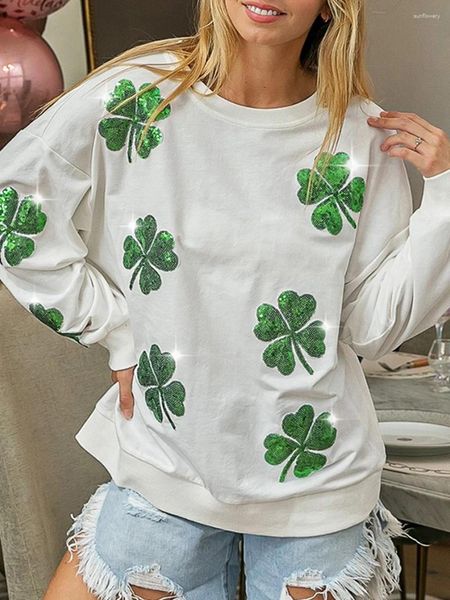 Sudaderas con capucha para mujer Disfraz del día de San Patricio Sudadera con lentejuelas Patrón de trébol Manga larga Jerséis con cuello redondo Tops Sudadera con capucha de San Patricio