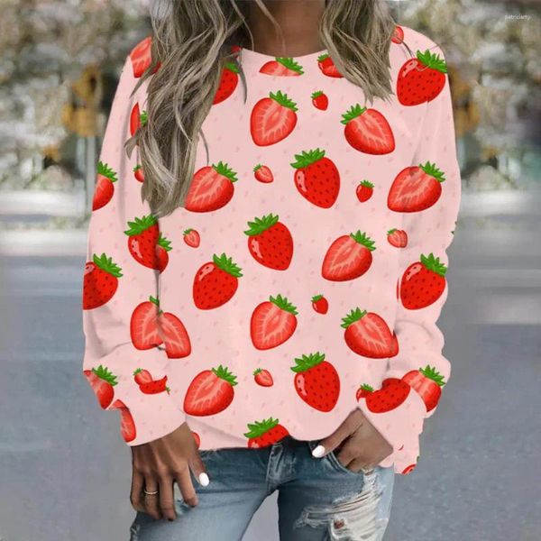 Sweat à capuche pour femmes, pull à col rond imprimé fraise en 3D, haut grande taille, confortable et polyvalent, automne 2023