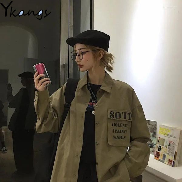 Sweats à capuche pour femmes Street Trend Retro Big Pocket Letter Print Shirt 2023 Y2k Fashion Loose Women Blouse Korean All-match Couple Tooling Jacket