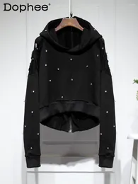 Sweats à capuche pour femmes Streetwear ourlet brut déchiré strass sweat à capuche manteau court pour les femmes automne noir deux côtés porter haut à capuche zippé ample