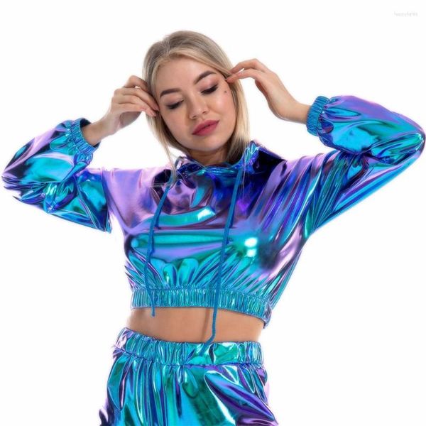 Sudaderas con capucha para mujer, ropa de calle Y2K, suéter con láser holográfico, Sudadera con capucha, manga larga, baile, Hip Hop, mujer, abrigo brillante con aspecto húmedo