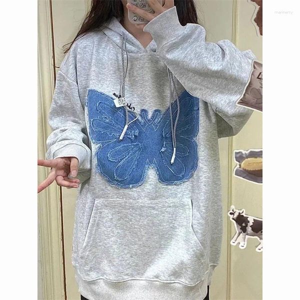 Sudaderas con capucha para mujer Suéter bordado con parche de mariposa de algodón puro de terciopelo plateado súper suave para mujer Otoño Invierno Sombrero de doble capa Cam