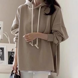 Dameshoodies SuperAen Korea Chic Eenvoudig capuchon met zijsplit Ontwerp Herfst en winter Pullover met lange mouwen Streetwear Damessweatshirt