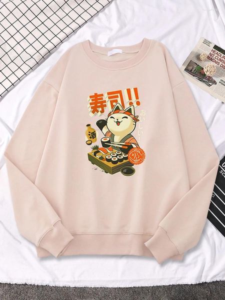 Sudaderas con capucha para mujer, estampado de gato de Chef de Sushi, ropa de manga larga para mujer, ropa de Harajuku japonés, sudaderas informales de moda urbana para mujer