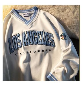 Dames Hoodies Sweatshirts 2021 Dames Vintage Los Angeles Borduurwerk Shirts Oversize V-hals Sweatshirt Koreaanse stijl Lange mouw Harajuku