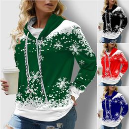 Sweats à capuche pour femmes Sweatshirts 2022 Hiver Noël Flocon de neige Haut imprimé à manches longues Double cordon de serrage Col haut Sweat-shirt décontracté P