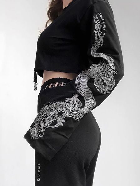 Sweats à capuche pour femmes Sweats 2023 Dark Mall Gothique Dragon Imprimer Femmes Crop Tops Grunge Esthétique Punk Noir Lâche Mode Streetwear Alt Vêtements 230311