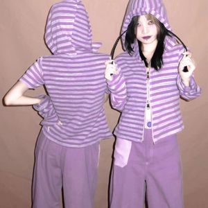 Sweats à capuche pour femmes Sweatshirts 2023 Violet Punk Rayé Été Mince Manches Courtes Y2k Esthétique Zip Up Gothique Harajuku Sweat Femme 90s 230311