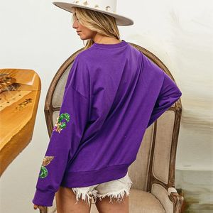 Dames Hoodies Sweatshirts 2024 Dames Mardi Gras Sweatshirt Outfit Pailletten Groen Paars Geel Ronde hals Dikke Dinsdag Kleding Voor Dames