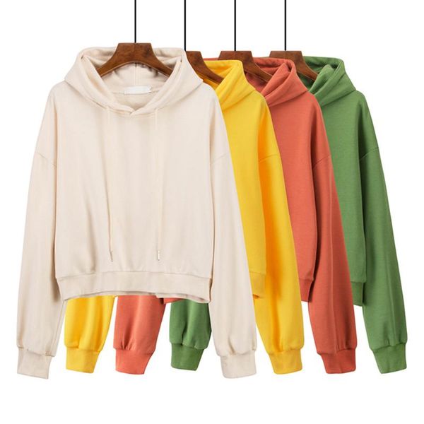 Sudaderas con capucha para mujer, sudadera recortada de 4 colores sólidos para mujer, sudadera Harajuku Chic coreano de otoño 2023, XS-L fina amarilla con capucha para mujer