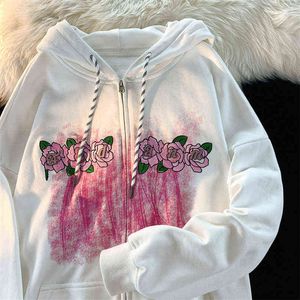 Sweats à capuche pour femmes Sweatshirts Esthétique Rose Y2K Graffiti Rose Broderie Sweat à capuche zippé Femmes Filles Kawaii Vêtements Sweat-shirt surdimensionné Harajuku Haut d'automne T220826