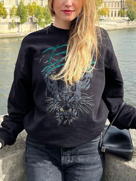 Sudaderas con capucha para mujer Aich Mirror Letter Tiger Graphic Print Sudadera de manga larga de algodón Mujer Pullover Vintage Casual Cozy Lady Tops 230728