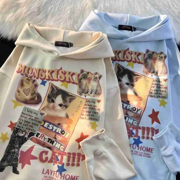 Sudaderas con capucha para mujer Sudadera con capucha con estampado de gato lindo y perezoso de estilo americano para mujer primavera y otoño abrigo holgado de manga larga de gran tamaño de estilo coreano