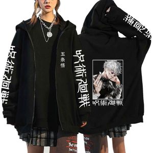 Dames hoodies sweatshirts anime jujutsu kaisen gojo satoru hoodie streetwear zip cartoon grafische ritsjacks hiphop lagen 230206