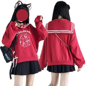 Women's Hoodies Sweatshirts Autumn Harajuku Strawberry Milk Print Women Sailor Collar JK Sweatshirt Oversized Split Side Bandage PU