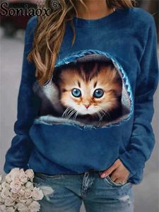 Hoodies voor dames sweatshirts herfst dunne hoodie dames 3d printen schattige kattenmode tops 2022 NIEUW HARAJUKU DIEREN SUIEN SUIENSHIRT Lange mouw pullover kleding T230828