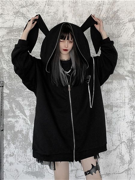 Sweats à capuche pour femmes Sweat-shirts Automne Hiver Emo Bunny Hoodie Femmes Zip Up Kawaii Sweat-shirt Oreilles De Lapin Veste Noir Filles Streetwear Japonais Lâche Manteaux 230206