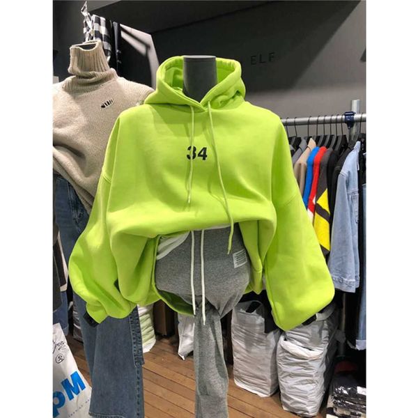 Sweats à capuche pour femmes Sweatshirts Automne Hiver Nouvelles femmes Mode Néon Vert Manches longues Sweats à capuche Corée Dongdaemun Lâche Cordon Pull en polaire Sweatershirt T220929