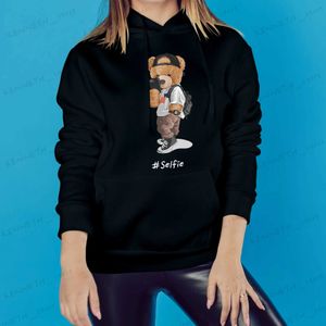 Sweats à capuche pour femmes Sweatshirts BLINGPAW #Selfie Teddy Bear Print Sweats à capuche Blanc Noir Bleu Marine Coton Unisexe Adulte Sweat à capuche Femme T240126