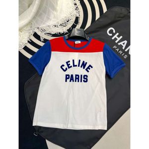 Sweats à capuche pour femmes Ce24 T-shirt imprimé à col rond au début du printemps pour femmes avec décoration de motif de lettre en velours contrasté, superposition blanche, bleu