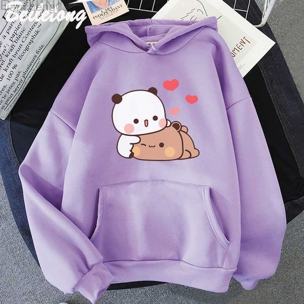 Sudaderas con capucha para mujer Lindo oso panda Sudadera con capucha de dibujos animados Manga larga Bubu Dudu Estilo coreano Sudaderas Mujer 90s Rosa Impresiones divertidas Harajuku Pocket Kawaii W0306